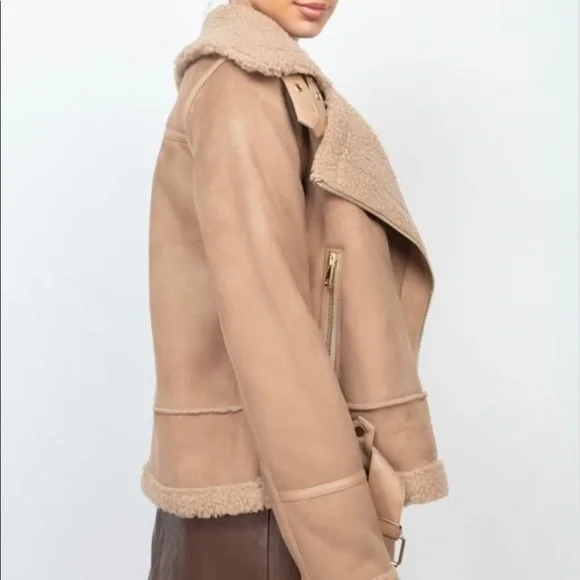 TAUPE BROWN FAUX FUR SUEDE MOTO JACKET BIKER COAT - Picture 5 of 14